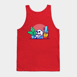 Creative Office Workspace with Skull, Book, and Plant Cartoon Vector Icon Illustration Tank Top